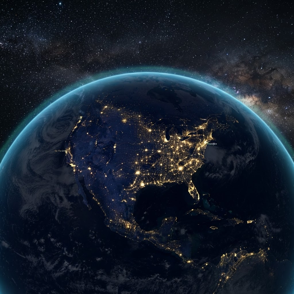 Earth from space at night showing city lights — representing global reach